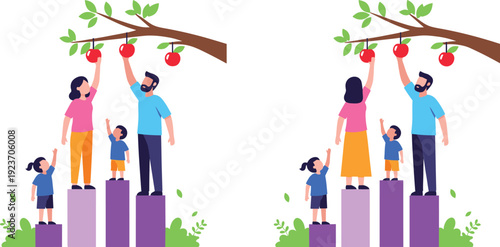 Family Picking Apples Vector Illustration with Parents and Children Harvesting Fruit Isolated Flat Lifestyle Scene