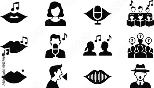 Vocal Music and Choir Icon Set Featuring Singing Lips, Microphone Performance, Solo Artists, Group Harmony, Duets, and Professional Vocalist Silhouettes
