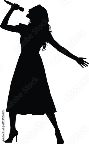 Silhouette, of, a, female, singer, in, a, dress, performing, with, a, microphone, musical, artist, vocal, stage, performance, concert, pop, diva.