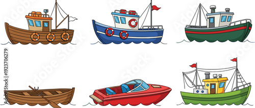 Fishing Boats Vector Set with Wooden and Motor Vessels Isolated Cartoon Marine Collection