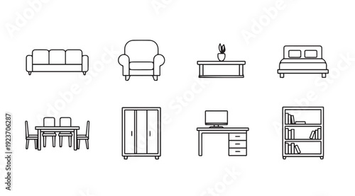 Minimalist Furniture Icons: Sofa, Armchair, Table, Bed, Wardrobe, Desk, Bookshelf