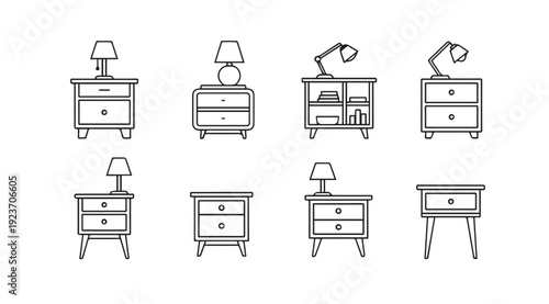 Nightstand and Table Lamp Icons Set, Bedroom Furniture Line Art