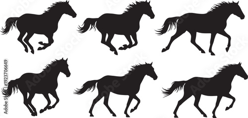 Six Black Horse Silhouettes Running on White Background Together