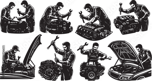 Mechanic working on cars with tools and repairs