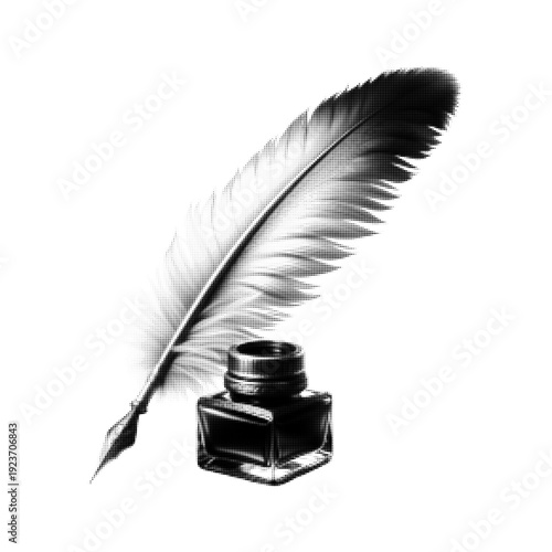 Feather quill pen with ink bottle isolated on white background. Vintage writing instrument, calligraphy and literature concept, monochrome halftone illustration.
