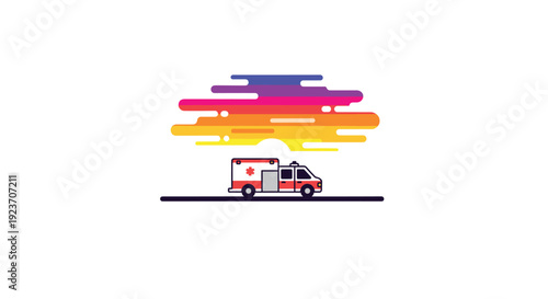 An ambulance is driving along a road under an abstract, colorful sunset or sunrise with vibrant cloud shapes.
