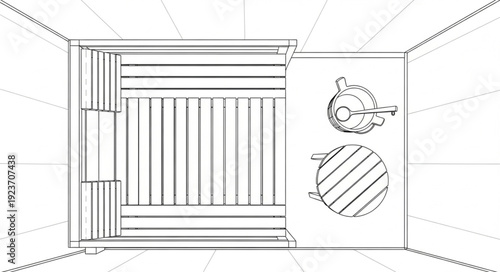 Detailed illustration of a sauna interior with a door and two food items.