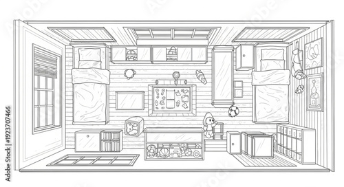 Detailed top-down view of a modern living space with furniture arrangement.