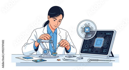 A female scientist uses a robotic arm and dropper to work on a component, with a tablet displaying diagrams.