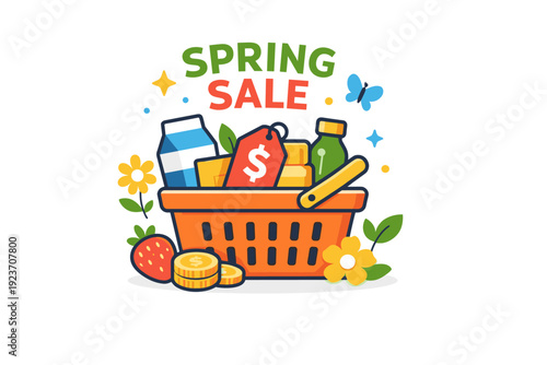 Spring sale promotion a shopping basket filled with products and spring elements, symbolizing value, abundance, and fresh offers for the new season. Minimalist