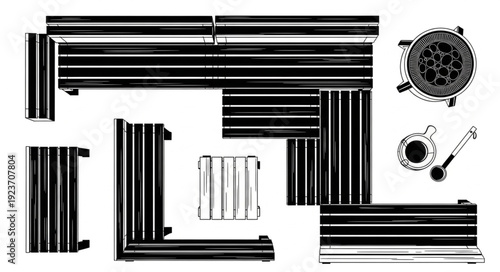 Top-down view of a modern outdoor sectional sofa with a grill and coffee set.