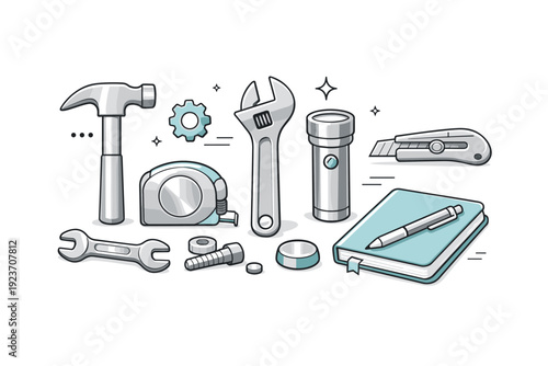 Refined metallic materials. Still-life composition of simple tools and objects with satin metal finishes, neatly arranged. Calm focus on