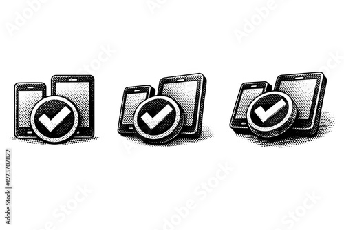 Gadget review comparison icon with checkmark symbol shown straight-on, slightly tilted, and raised depth view as a single object set. Black