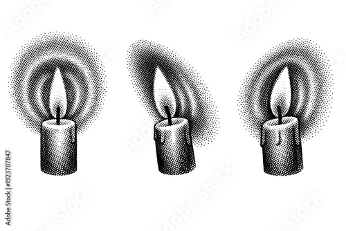 Candle flame aura with concentric light falloff shown from front view, angled side view, and three-quarter view as a single object set with realistic