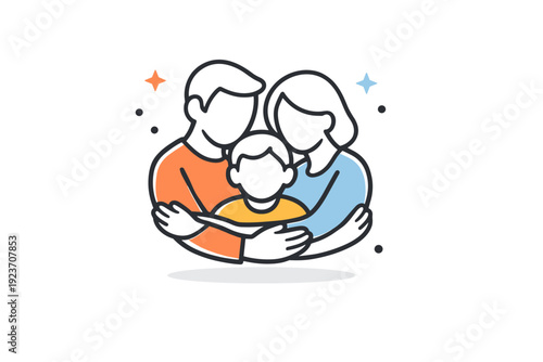 Family bonding icon. A minimal icon showing a group hug or joined hands, symbolizing unity, care, and emotional closeness. The illustration is simplified yet