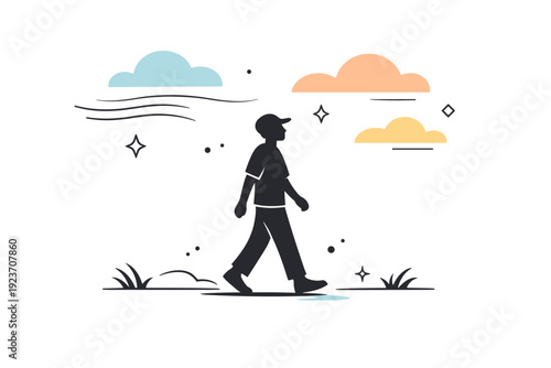 Walking without destination. A calm silhouette walks slowly under an open sky with abstract clouds and motion lines, enjoying the journey itself. The scene