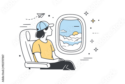 Looking at passing scenery. Traveler seated by an airplane window, clouds drifting below. Peaceful airborne moment, sense of distance and calm. Minimalist flat
