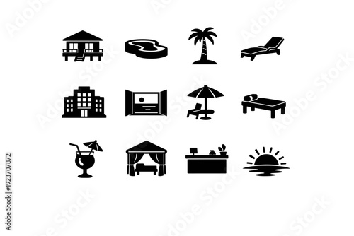 Luxury resort. Solid icon set of Luxury resort: beachfront villa, infinity pool, palm tree, sun lounger, luxury hotel building, ocean view window, poolside