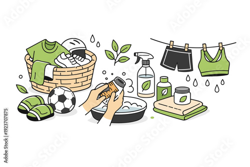 Sustainable sports equipment cleaning. Eco-friendly washing of sportswear or gear using minimal water and natural products, calm everyday routine. The mood