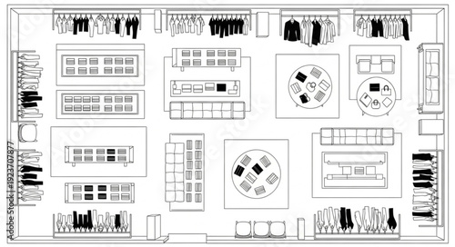 Top-down view of a retail store layout with clothing racks and displays.