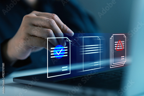 Document verification and compliance approval concept digital files with approved checkmark and warning alert symbol. Risk assessment, audit process, quality control and regulatory compliance.