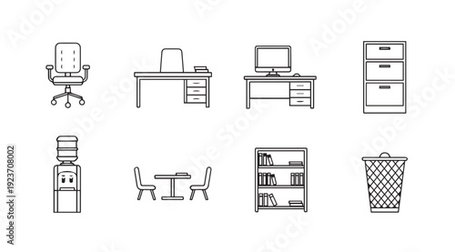 Office Furniture Icons Line Art Collection - Desk, Chair, Bookshelf, Water Cooler