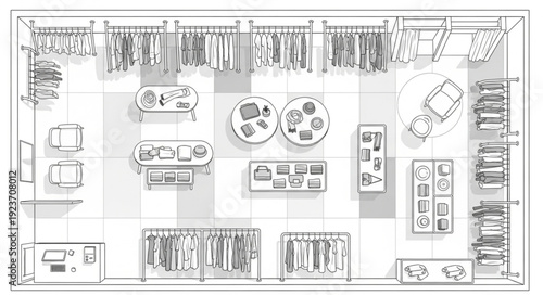 Top-down view of a retail store layout with clothing racks and display tables.