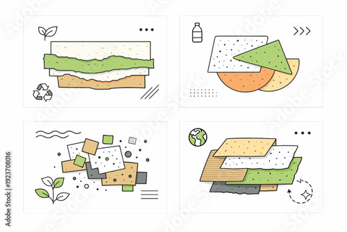 Recycled material patterns. Abstract texture panels inspired by recycled paper or composite materials. Sustainability logic, layered surfaces, subtle pattern