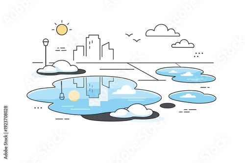 Puddles after melting snow in the city. Abstract sidewalk shapes with shallow water reflecting buildings and sky. Calm urban stillness after seasonal change.