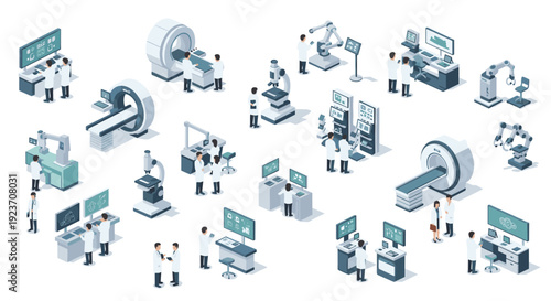 Isometric laboratory scene with scientists operating advanced medical imaging machines, microscopes, and robotic arms.