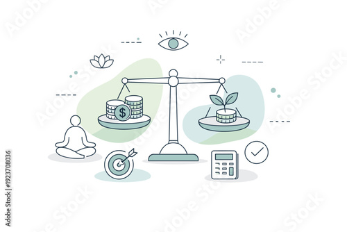Mindful money management abstract. An abstract editorial composition symbolizing balance and awareness in personal finance using scales, coins, and calm