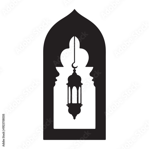 Classic Ramadan Islamic window niche with lantern silhouette for elegant spiritual poster concept