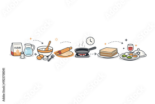 Passover prep step-by-step illustration. Ingredients and cooking tools aligned sequentially with subtle motion lines suggesting workflow. Friendly, airy, and