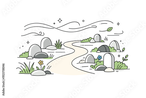 Green cemetery path. A winding trail through native plantings and natural stones used as grave markers, abstract floating lines and shapes indicating flow,