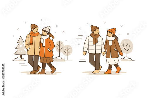 Holiday warmth. Outdoor winter scene with people walking together, scarves and coats, soft snow accents. Gentle sense of connection and shared seasonal joy.