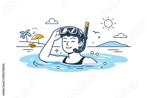 Snorkeling near the shore. Snorkeler surfacing calmly near the beach, mask lifted slightly, relaxed posture. Easy access ocean activity and casual summer