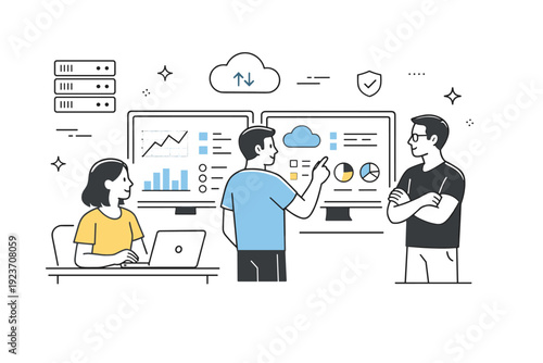 System administrators and cloud engineers. A small tech team monitoring servers and cloud dashboards on large screens, calmly discussing system status and