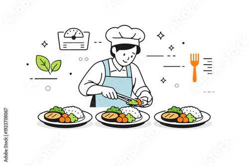 Balanced portion plating. Caterer carefully arranging measured servings on reusable plates, floating abstract icons of leaves, forks, and scale lines