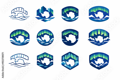 Antarctica. Icon set. Set Logo of Antarctica: aurora over icy landscape. harmonious logo variations of the same emblematic concept, each with