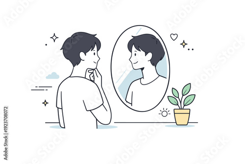 Quiet personal transitions. Person looking at their reflection in a mirror, light subtly shifting across the scene. Gentle self-awareness and