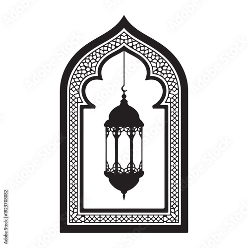 Artistic Arabic Islamic window niche with hanging lantern for Ramadan Kareem greeting card template