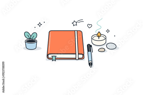 Slow work desk scene. Closed notebook, pen aligned carefully, and soft decorative elements nearby. Intentional pause and reflective