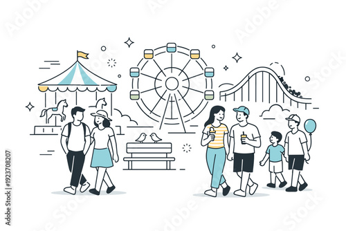 Amusement park leisure visits. Visitors strolling through an amusement park with rides in the background, relaxed and smiling. Casual enjoyment and unhurried