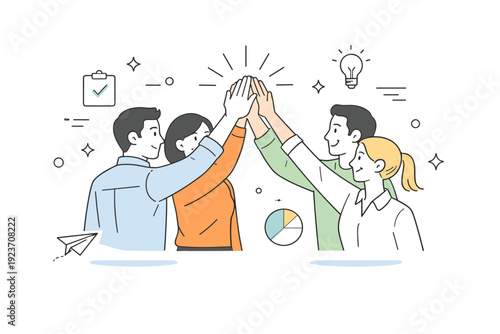 High five team collaboration. A group of teammates giving each other a high five after completing a task, showing unity and shared success. The mood is