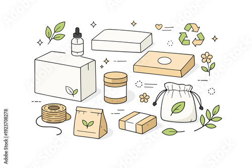 Sustainable packaging flatlay concepts ? minimal branding approach. A calm flatlay with blank or softly labeled boxes, subtle logos, and neutral tones,