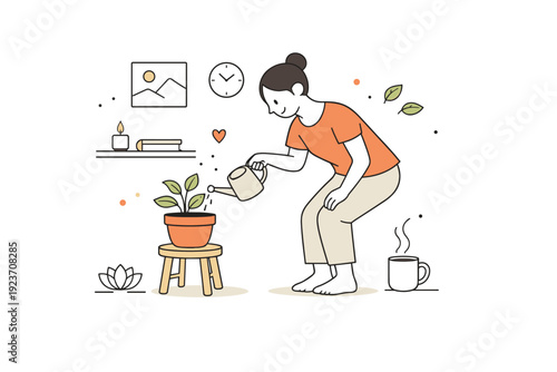 Mindful daily routine. A person slowly watering a houseplant in a minimal home environment. Gentle care and connection with simple everyday actions. Minimalist