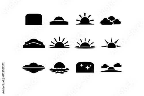 Sunrise Sky Gradient. Solid icon set of sunrise sky gradient: soft pink sky, orange horizon, yellow glow, rising sun, morning clouds, pastel gradient, warm