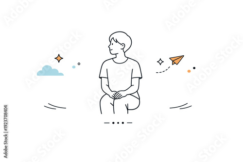 Before something happens. Person sitting with hands on lap, gazing into the distance, soft pause before taking action. Stillness filled with