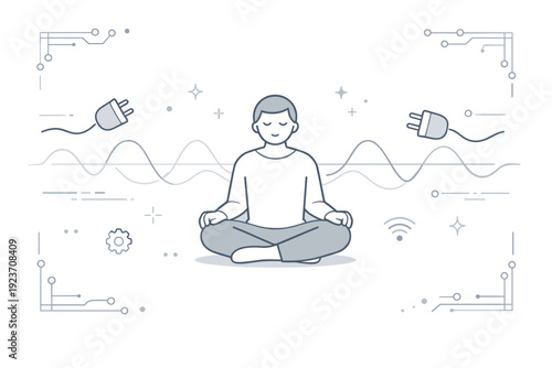 Electric hum metaphors. Abstract editorial scene with floating plug icons, sine waves, and faint circuits framing a calm figure. Visual metaphor for background