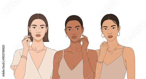 Three diverse women with varying skin tones model minimalist jewelry including necklaces, earrings, and bracelets while posing elegantly.